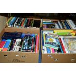 FOUR BOXES OF BOOKS, to include fiction, dictionaries etc