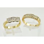 TWO 9CT GOLD DIAMOND RINGS, the first designed as a line of nine pave set, single cut diamonds