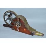 A SET OF MAHOGANY AND BRASS MECHANISED BELLOWS, wheel-driven mechanism on shaped wooden base, length