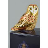A BOXED ROYAL CROWN DERBY PAPERWEIGHT, 'Short Eared Owl' exclusive for Collectors Guild, with gold
