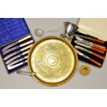 A SMALL PARCEL OF CASED CUTLERY, brass tray, plated wares, etc