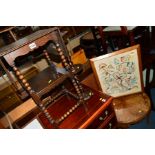 AN EDWARDIAN OAK DROP LEAF SOFA TABLE, circular walnut occasional table, oak smokers stand and an