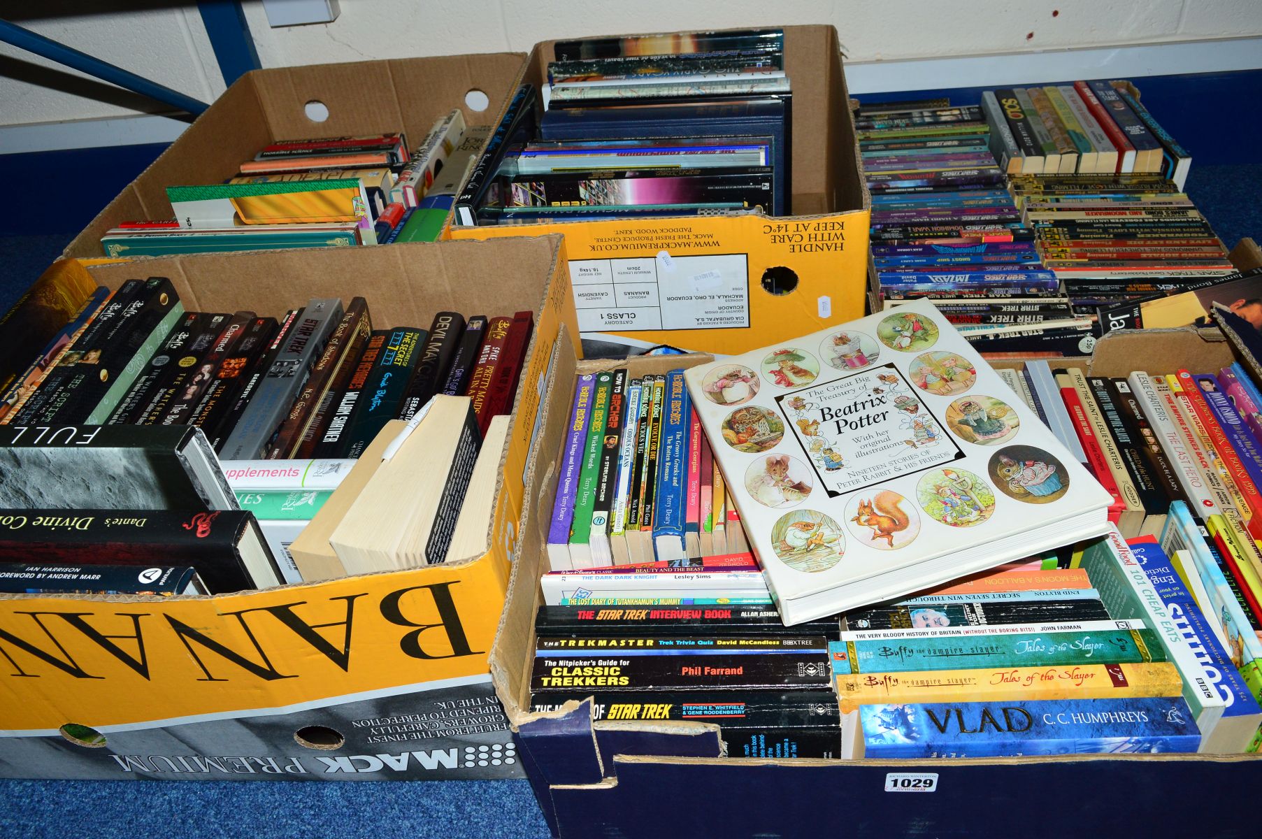 FIVE BOXES OF BOOKS to include 'Star Trek', 'Buffy the Vampire Slayer', Beatrix Potter, paperbacks