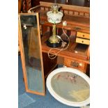 A VICTORIAN BRASS OIL LAMP (missing shade), together with two copper kettles, two pans, brass bowl