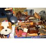 TWO BOXES AND LOOSE SUNDRY ITEMS to include soft toys, metalware, musical instruments, Japanese