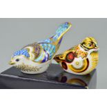 TWO ROYAL CROWN DERBY PAPERWEIGHTS, 'Mountain Bluebird' (boxed) and 'Yellowhammer', both with gold