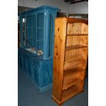 A MODERN PINE OPEN BOOKCASE, together with a large painted display cabinet (2)