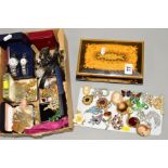 A SELECTION OF COSTUME JEWELLERY AND WATCHES to include various brooches, dancing medals, ladies and