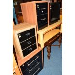 A MODERN CHEST OF THREE DRAWERS, a matching bedside cabinet, another similar bedside cabinet, a
