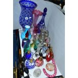 A GROUP OF COLOURED GLASSWARES, ETC, to include an Irena (Poland) blue flashed glass pedestal