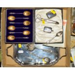 A PARCEL OF SILVER, including a cased set of six late Victorian apostle top teaspoons with gilt