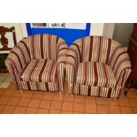 A PAIR OF MODERN STRIPPED UPHOLSTERED TUB CHAIRS on cylindrical beech legs