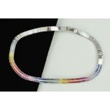 A MODERN 9CT WHITE GOLD MULTI COLOURED SAPPHIRE AND DIAMOND COLLAR, comprised of square cut