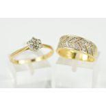 A 9CT GOLD DIAMOND RING AND A 14CT DIAMOND RING, the first a 9ct diamond cluster set with seven