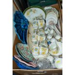 A BOX OF CERAMICS AND GLASSWARES, to include Aynsley 'Indian Tree' coffee cans, another teaset,