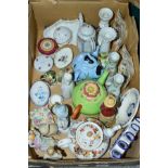 A BOX OF CERAMICS, to include teapots, ornaments etc