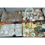 THREE BOXES AND LOOSE CUT GLASS, CERAMICS ETC, to include Carltonware, Masons, Aynsley, Poole,