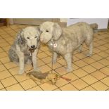 THREE TOY DOGS TO INCLUDE A LARGE MODERN STANDING SOFT TOY DOG, grey plush hound, plastic eyes (