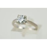 AN 18CT GOLD SINGLE STONE SYNTHETIC MOISSANITE RING, the cushion cut moissanite within a four claw