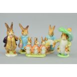 FIVE BESWICK BEATRIX POTTER FIGURES, BP2a, 'Mr Benjamin Bunny', 'Flopsy, Mopsy and Cottontail', 'Mrs