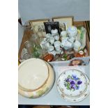 A BOX AND LOOSE CERAMICS, GLASS, BEVELLED EDGE MIRROR ETC, to include three Poole pottery birds