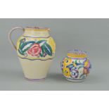 CARTER STABLER ADAMS POOLE POTTERY VASE AND JUG, both florally decorated, height of vase 11.5cm