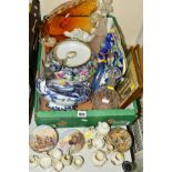 A BOX OF LOOSE CERAMICS, GLASS, PICTURES ETC, to include three Staffordshire pot lids, crested wares