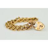 A MID 20TH CENTURY 9CT GOLD HOLLOW CURB LINK CHARM BRACELET, fitted to padlock and safety chain