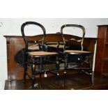 A PAIR OF VICTORIAN EBONISED AND MOTHER OF PEARL INLAID CANE SEATED CHAIRS