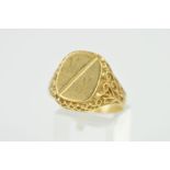A 9CT GOLD SIGNET RING, the curved rectangular panel engraved with initial MM, to the scrolling