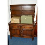 AN ERCOL DARK OAK DRESSER with two drawers, width 123cm x depth 45cm x height 160cm