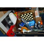 TWO BOXES AND LOOSE SUNDRY ITEMS, to include a Yamaha FG-25 Ukulele, Black & Decker sander, Poole