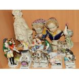 A SMALL GROUP OF CERAMIC FIGURES, to include Fairings figures, a parian figure of young girl with