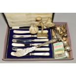 A SMALL COLLECTION OF GEORGIAN AND LATER SILVER TEASPOONS, condiment spoons, white metal figures,