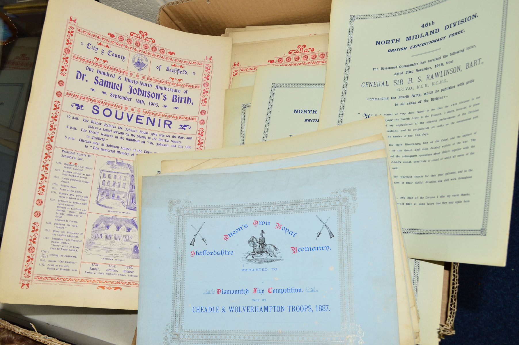 A COLLECTION OF PRINTED LETTERS AND CERTIFICATES ETC, of Lichfield interest includes some military