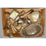 A BOX OF ASSORTED SILVER, to include cigarette cases, posy vases, pepperette, sauceboat, bon bon