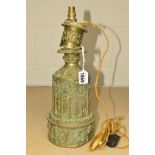 A SPELTER MOUNTED LAMP BASE, of Gothic design, central section spins, approximate height 37cm (