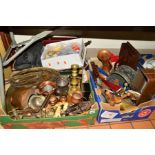 THREE BOXES AND LOOSE SUNDRY ITEMS to include copper, brass and flatwares, oak piperack, show lasts,