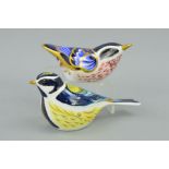 TWO ROYAL CROWN DERBY BIRD PAPERWEIGHTS, 'Garden Great Tit' and 'Garden Nuthatch' both with gold