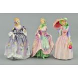 THREE ROYAL DOULTON FIGURES 'Suzette' HN2026 (hairlines), 'Miss Demure' HN1402 and 'Nicola'
