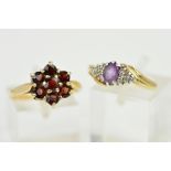 AN AMETHYST AND DIAMOND CROSS OVER RING, estimated diamond weight 0.12ct, ring size M1/2, a garnet