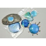 THREE ITEMS OF RUSKIN JEWELLERY, A BUTTON AND THREE LOOSE PANELS, all panels in blue to green