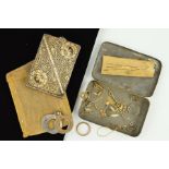 A FILIGREE CIGARETTE CASE AND A SMALL TIN OF FITTINGS, PARTS, etc, the filigree cigarette case of