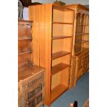 TWO PINE OPEN BOOKCASES, a smaller open bookcase and two narrow beech open bookcases (5)