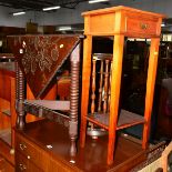 A 20TH CENTURY CARVED OAK TRIANGULAR DROP LEAF TABLE, a cherrywood telephone table and and