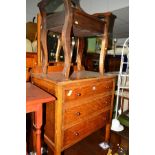 AN OAK THREE DRAWER DRESSING CHEST with a single mirror, four Ercol chairs, an Edwardian stool, a