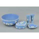 FIVE PIECES WEDGWOOD BLUE JASPERWARE, to include pair small vases, height 10cm, bowl, diameter
