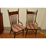 A PAIR OF BENTWOOD STYLE OAK SPINDLE BACK CHAIRS on stretchered bases