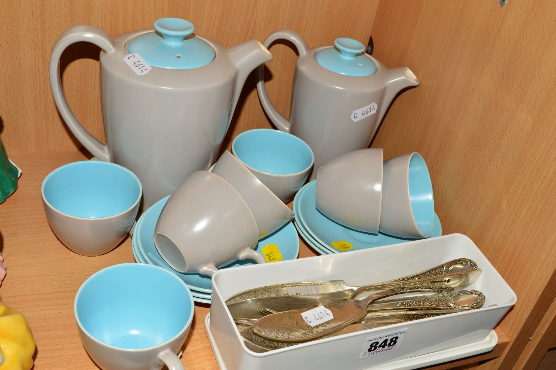 SILVER PLATED FISH KNIVES AND FORKS, and a Poole pottery coffee set (all proceeds to We Love