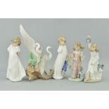 A LLADRO FIGURE, 'Spring' No.5217 (broken arm and hand), together with three Nao figures of young